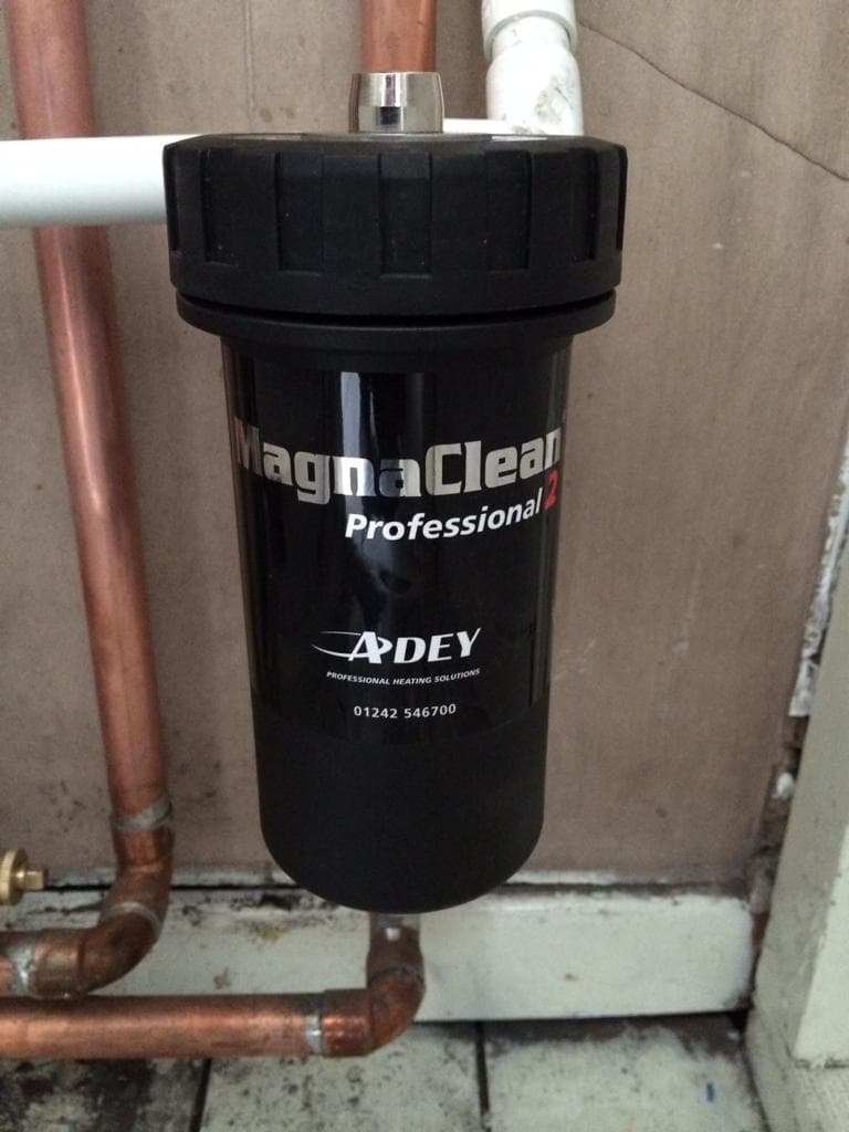 Adey MagnaClean Professional magnetic filter fitted on central heating pipework